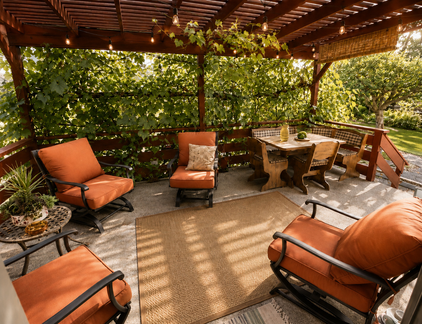 Covered patio and outdoor seating at Sunshine Haus